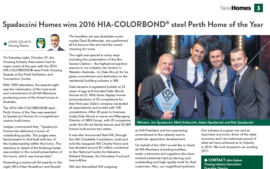 2016 HIA awards newspaper article